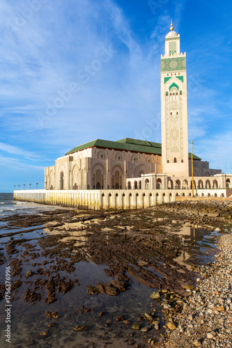 Hassan II Mosque is mosque on a summer day in Casablanca. The largest mosque in Morocco