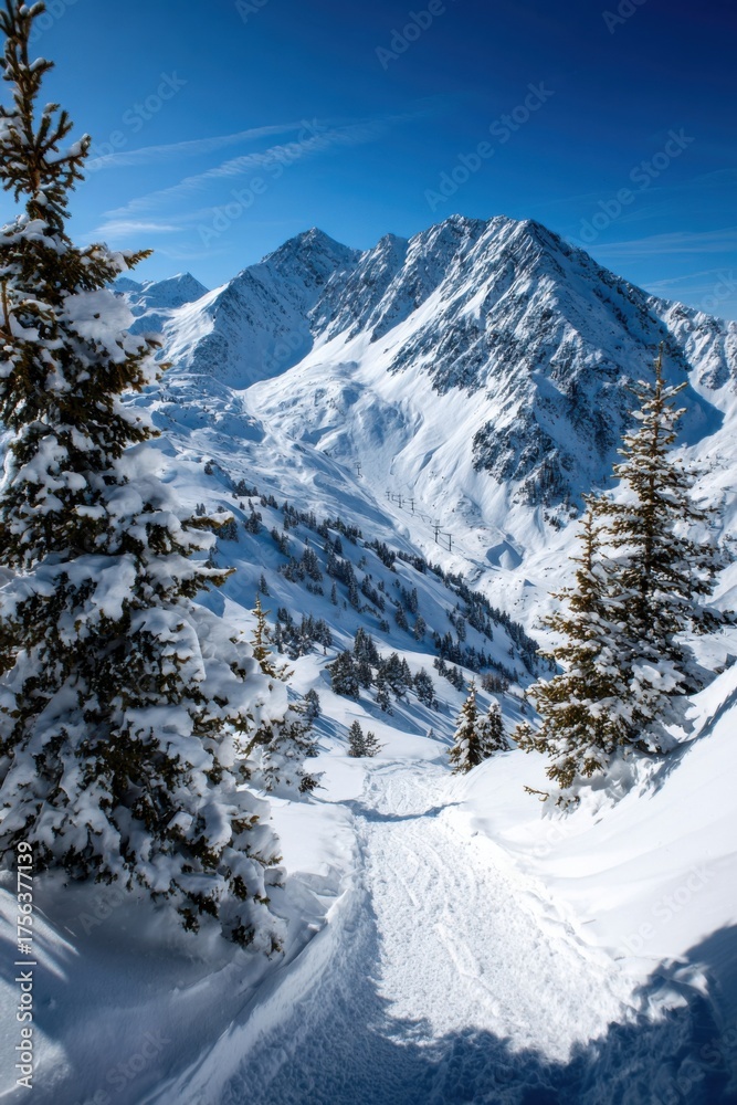 Obraz premium Snowy mountain landscape with pine trees and clear blue sky in winter scenery
