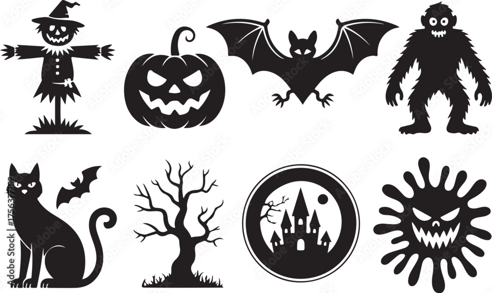 Obraz premium Halloween Witch, Ghost, Skeleton and Pumpkin Silhouette Vector Illustration