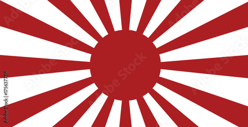 Rising sun flag vector illustration, red rays and circle design on white background, traditional Japanese style symbol for art, culture, and heritage