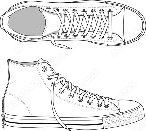 Classic high-top sneakers vector illustration, detailed outline drawing of retro canvas shoes with laces and rubber sole for fashion or design use