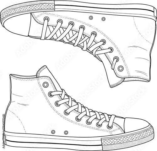 Classic canvas high-top sneakers vector illustration, detailed line art of vintage lace-up casual shoes with textured sole and minimalist design