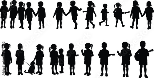 Silhouette vector illustration of children playing, walking, and holding hands together, kids with dog and guitar in black isolated design