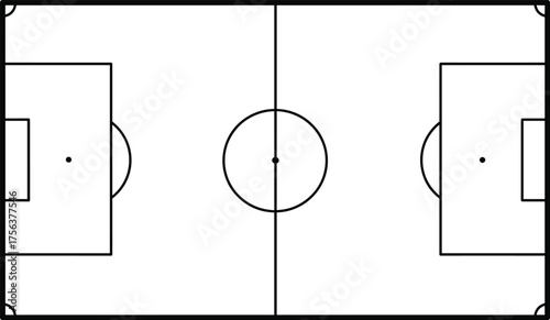 Simple soccer field layout vector illustration, minimal football pitch top view design with goal area and center circle, isolated black outline diagram