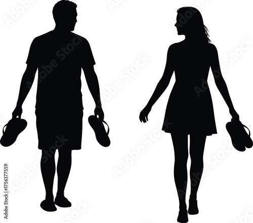 Silhouette vector illustration of man and woman walking together holding sandals, romantic couple enjoying summer beach vacation in minimalist black design