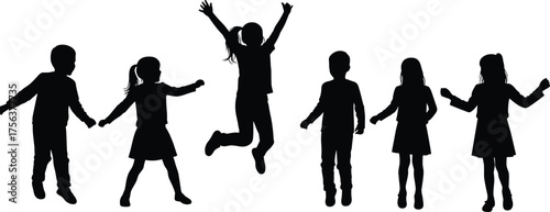 Silhouette vector illustration of happy children jumping, dancing, and playing together, joyful kids having fun outdoors, active childhood energy and friendship