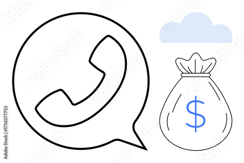 Phone icon in speech bubble next to a money bag with a dollar sign, under a light cloud. Ideal for finance, communication, online business, cloud technology, customer service, commerce, startups