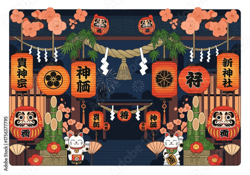 Shrine entrance at night with lanterns Daruma dolls Maneki Neko cats flowers  fireworks