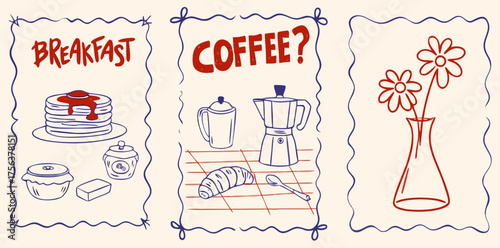 Breakfast time featuring cute hand-drawn elements for a cheerful start to the day with fresh ingredients and utensils