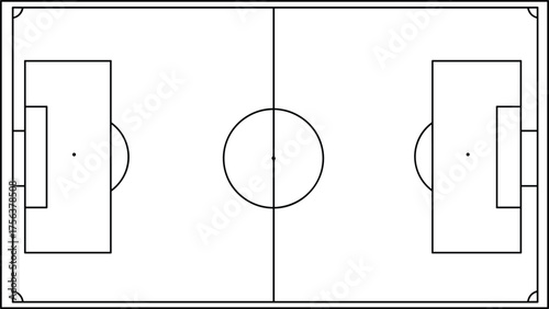 Top view of soccer field layout with goal areas, center circle, and corner arcs, football stadium ground blueprint vector illustration for sports design