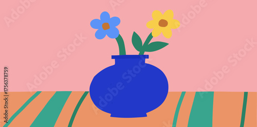 Bright flowers in a blue vase brighten up a simple room with playful colors and charming shapes