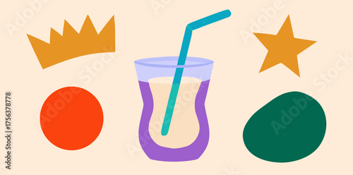 Colorful shapes and a refreshing drink create a lively scene of mystery and imagination