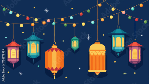 A collection of hanging lanterns and string lights creating a warm and whimsical atmosphere.