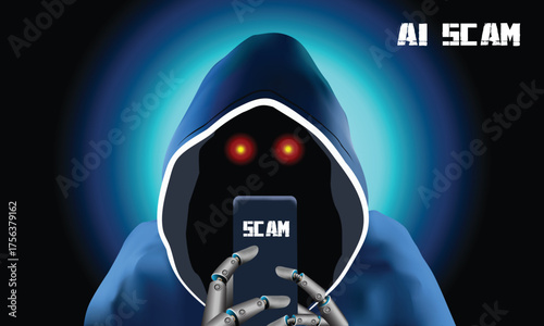 Illustration of a hooded figure with robotic hands holding a smartphone labeled “Scam,” symbolizing AI-driven cyber fraud and digital deception