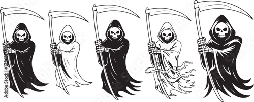 Grim Reaper Illustration with Scythe in Black Cloak, Halloween Death Symbol