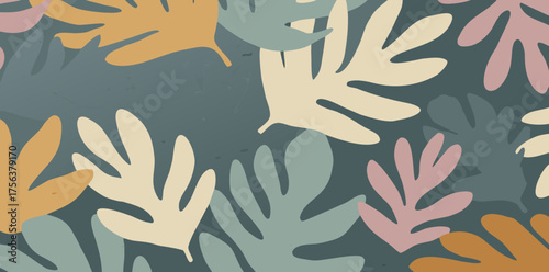 Colors of nature blend in a tropical pattern showcasing delicate leaves and soft tones in an artistic arrangement