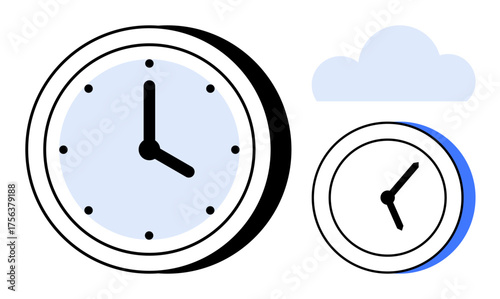 Two analog clocks, one large with a blue shadow and one small, alongside a pale blue cloud. Ideal for time management, scheduling, productivity, punctuality, cloud services, modern technology