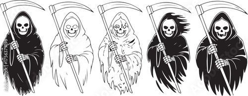 Grim Reaper Illustration with Scythe in Black Cloak, Halloween Death Symbol