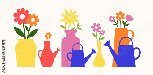 Colorful flower display with vibrant vases and watering cans in a cheerful arrangement