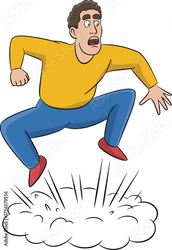 Cartoon man sweating heavily and walking under a bright sun, full body vector illustration depicting hot weather, heat stroke, summer discomfort, or excessive exercise and dehydration.