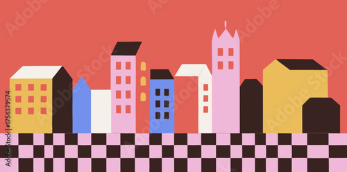 Colorful abstract city skyline with geometric shapes and vibrant shades in an imaginative setting