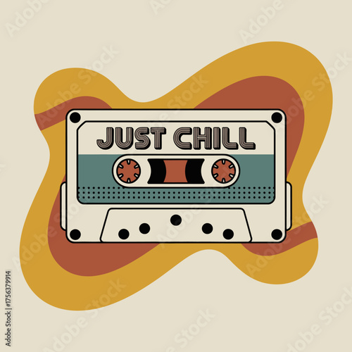 Retro cassette tape "just chill" design with warm organic shapes on beige background for vintage music and nostalgic vibes vector