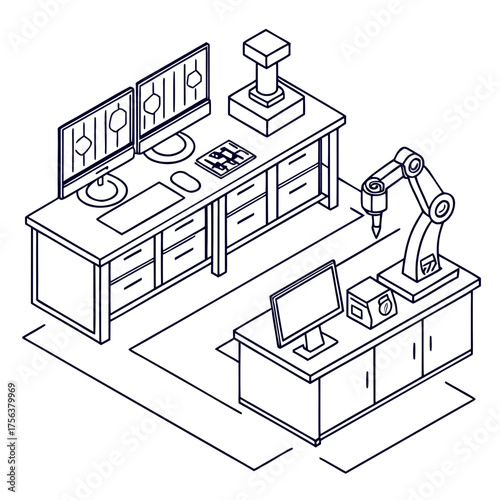 Vector art of isometric automated factory line