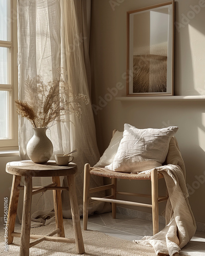 This dining scene showcases a single oak table paired with a minimalist chair, accented by soft natural light and earthy tones, creating a serene atmosphere for dining or relaxing