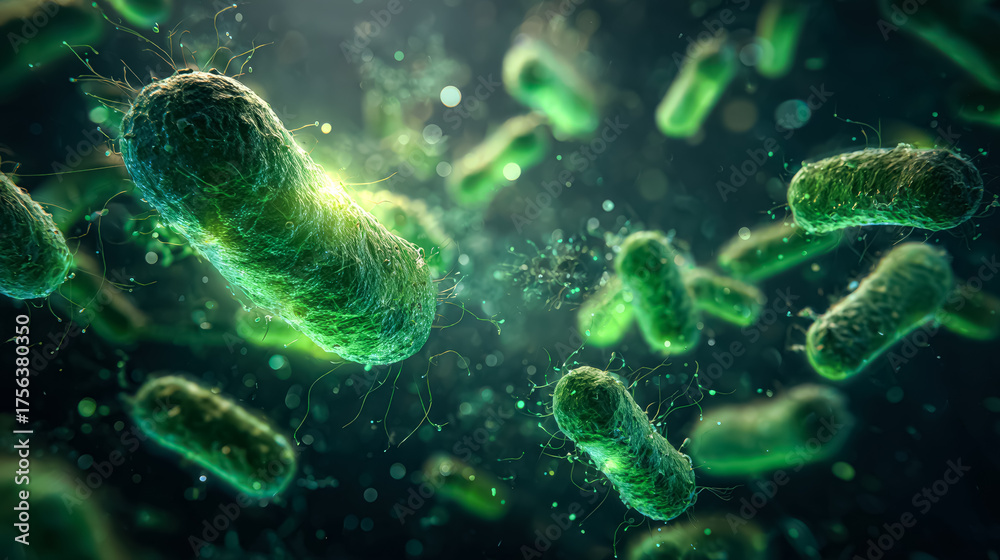 Obraz premium Detailed microscopic view of green bacteria, showcasing their unique shapes and glowing features in a dark, scientific atmosphere
