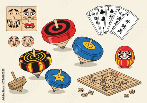 Toys  games on a light background including spinning tops cards a puzzle Daruma doll  board game