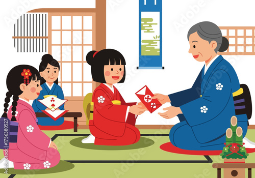 Women in kimonos givereceive a red envelope in a traditionalstyle room