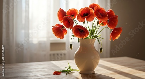Bright red poppies bloom in white vase on wooden table near window, creating a warm and inviting atmosphere in the sunlit room.