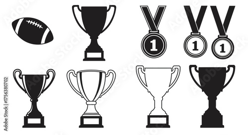 Black and white illustration of trophies medals and a football