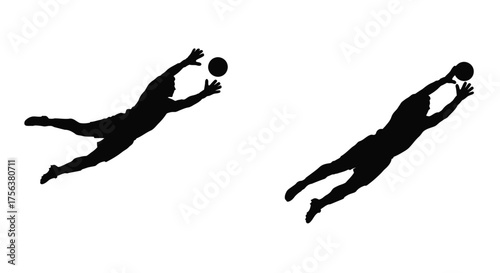 Dynamic silhouettes of two athletes reaching for a ball in mid air