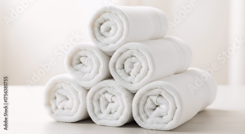 Pyramid Stack of Rolled Fresh White Terry Cloth Towels