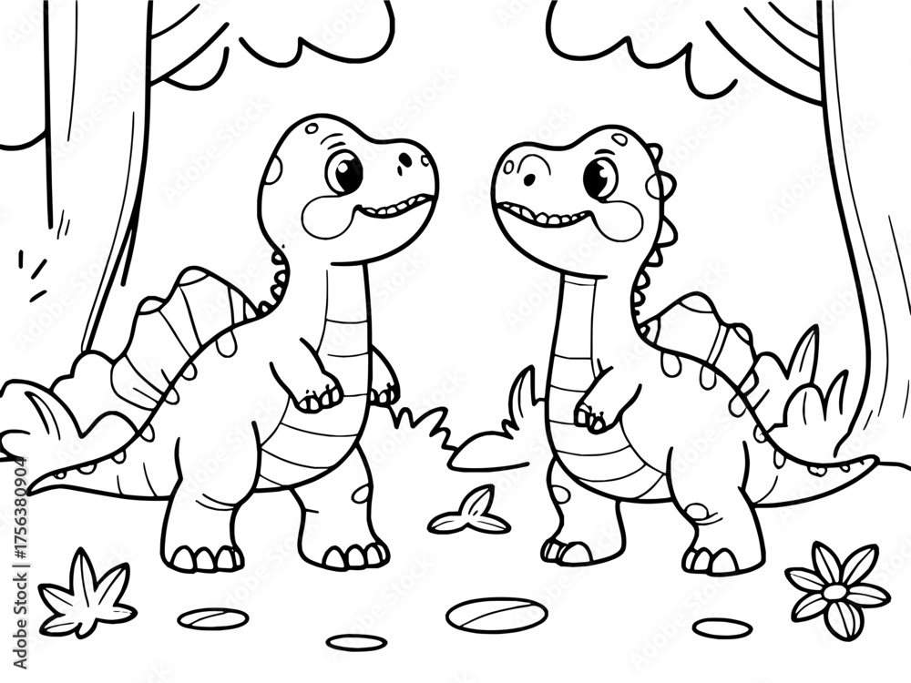 Obraz premium Two adorable baby dinosaurs smiling and looking at each other in a prehistoric forest setting, perfect for children's books and educational content.