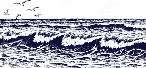 ocean waves with splashing water in hand-drawn doodle sketch style