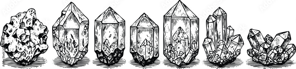 Fototapeta premium Assortment of seven different quartz crystal formations, isolated on transparent background