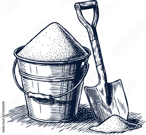 Illustration of a bucket filled with sand and a shovel, isolated on transparent background