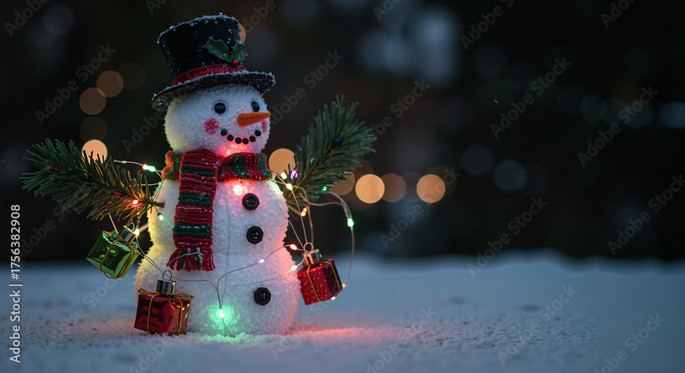 Obraz premium Christmas snowman decorated with lights and gifts in snowy landscape 
