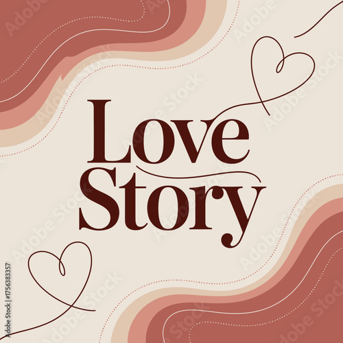 Elegant love story typography design featuring romantic script font and heart motifs on abstract wavy background for greeting cards and celebrations vector