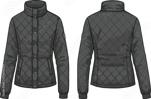 Dark quilted winter jacket front and back view with diamond stitching, high collar, ribbed cuffs, insulated outerwear fashion design illustration