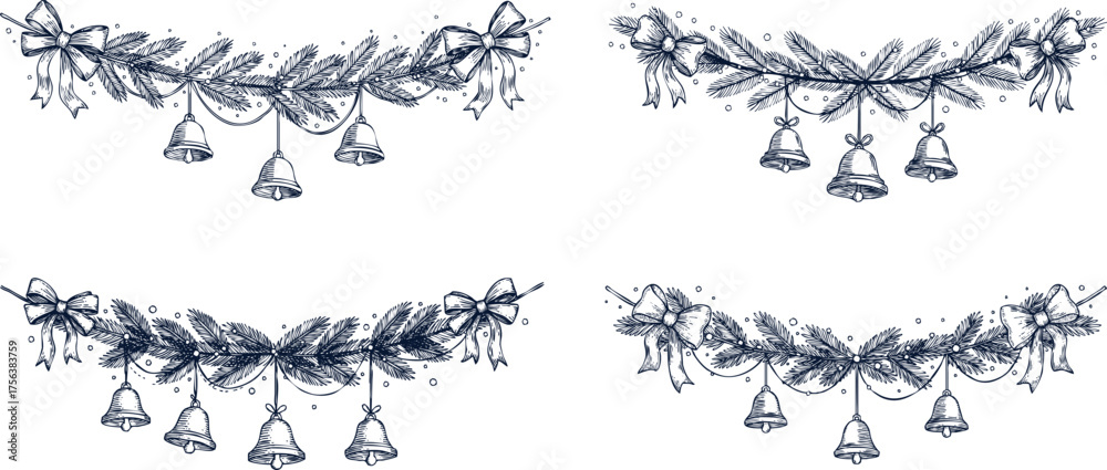 Obraz premium Christmas garland with pine branches and bells, isolated on transparent background