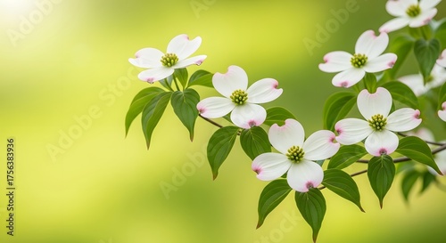 Elegant dogwood flowers blooming on a branch with soft light. Spring, natural beauty, and wedding decoration concept. White blossoms on a vibrant green bokeh background