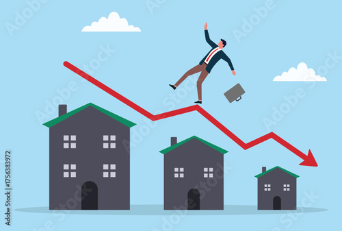 Vector illustration of a businessman falling from a downward arrow on a house rooftop, symbolizing real estate losses, market decline, financial risk, and business setbacks

