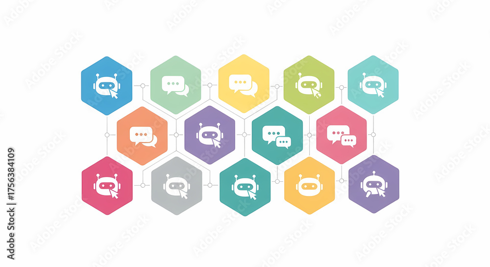 Naklejka premium AI Chatbot Communication Network. Interconnected hexagonal icons represent digital messaging, interactive dialogue, and information flow within a modern technological concept