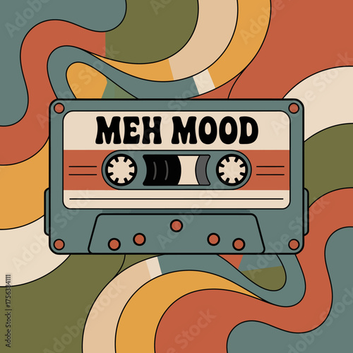 Retro cassette tape design with "meh mood" label and psychedelic wavy background for nostalgic music and 70s vibes vector