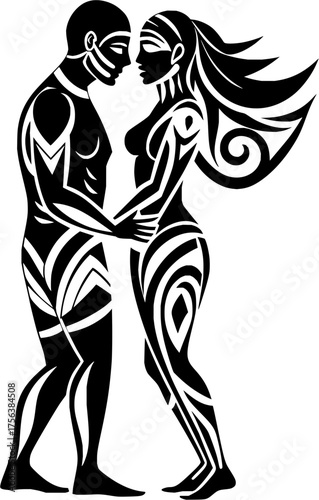 Captivating tribal couple embracing intimately with stylized patterns creating a powerful visual connection