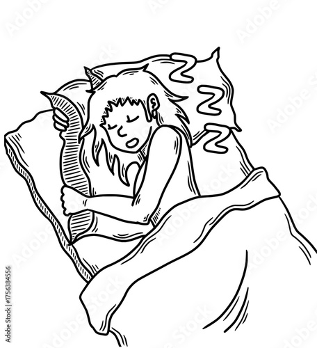 Peacefully sleeping person dreaming soundly in cozy bed, embracing deep slumber and tranquil rest, seeking serene comfort.