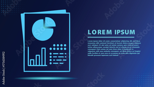 Filled Financial Report Documents with Pie Chart Bar Graph and Data Dots on Blue Background